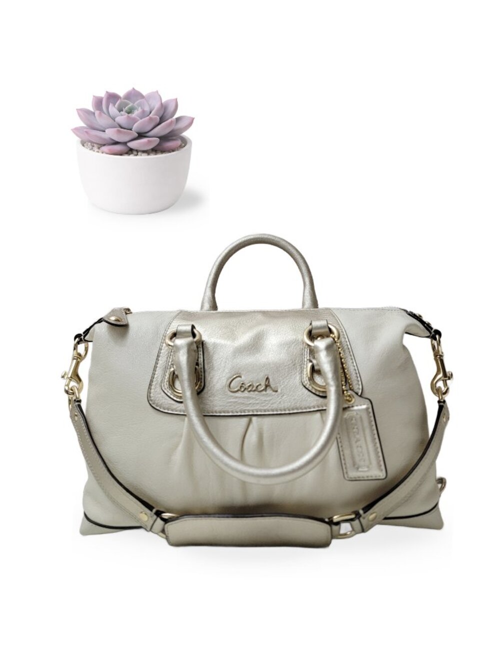 Coach Ashley Satchel Handbag Ivory Gold Metallic Two Tone Leather Crossbody Bag